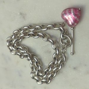 Italian Sterling Silver 925 Murano Glass Pink Heart Toggle Clasp Signed OTC